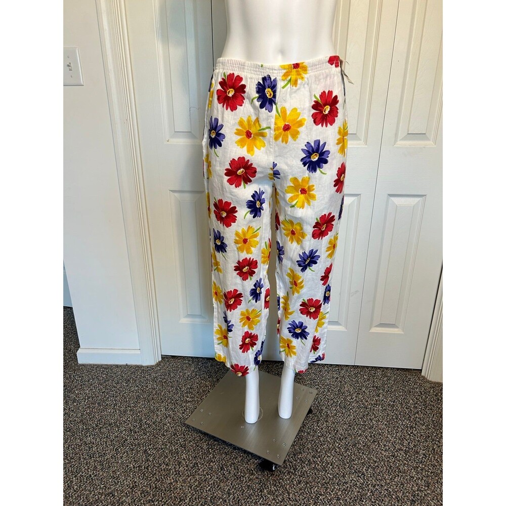 Cotton Connection womens Linen Flowered Elastic Waist Pants Size S NWT